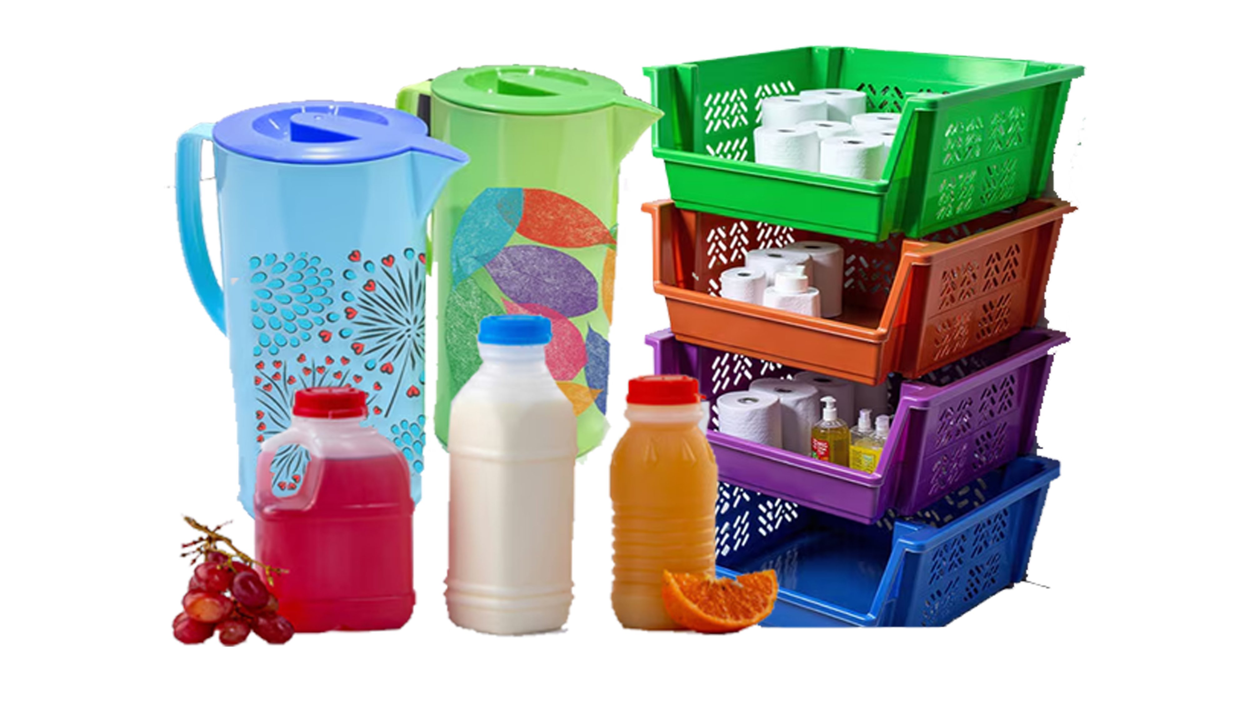 Containers, bottles, and storage baskets